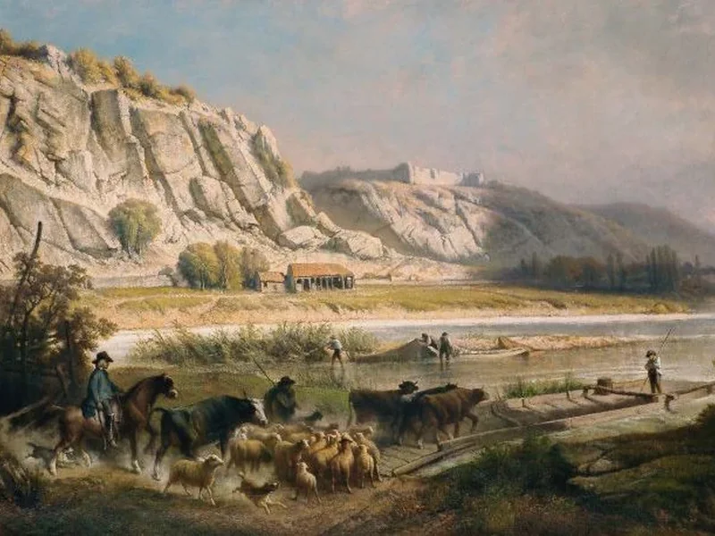 1808-Ferdinand Marinus - Un traghetto attraversa la Mosa a Houx